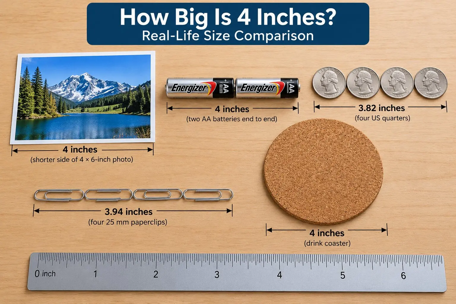How big is 4 inches? Real-life size comparison showing a 4×6-inch photo, two AA batteries, four US quarters, four paperclips, a coaster, and a ruler