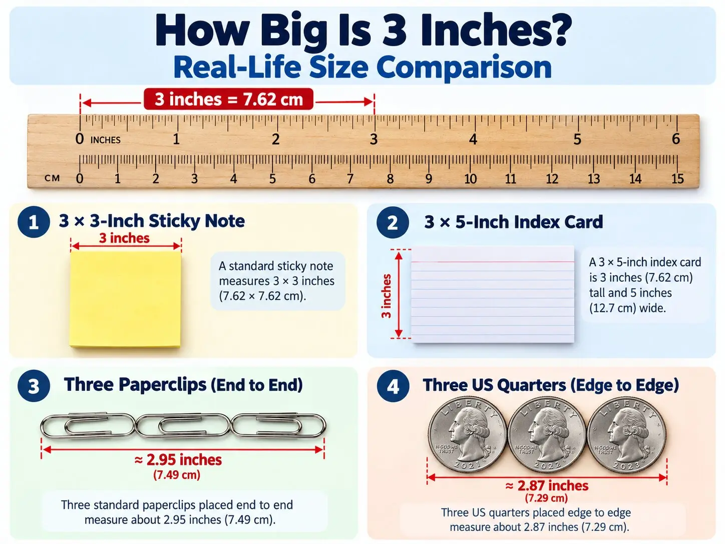 How big is 3 inches? Real-life size comparison showing a ruler, 3×3-inch sticky note, 3×5-inch index card, three paperclips, and three US quarters