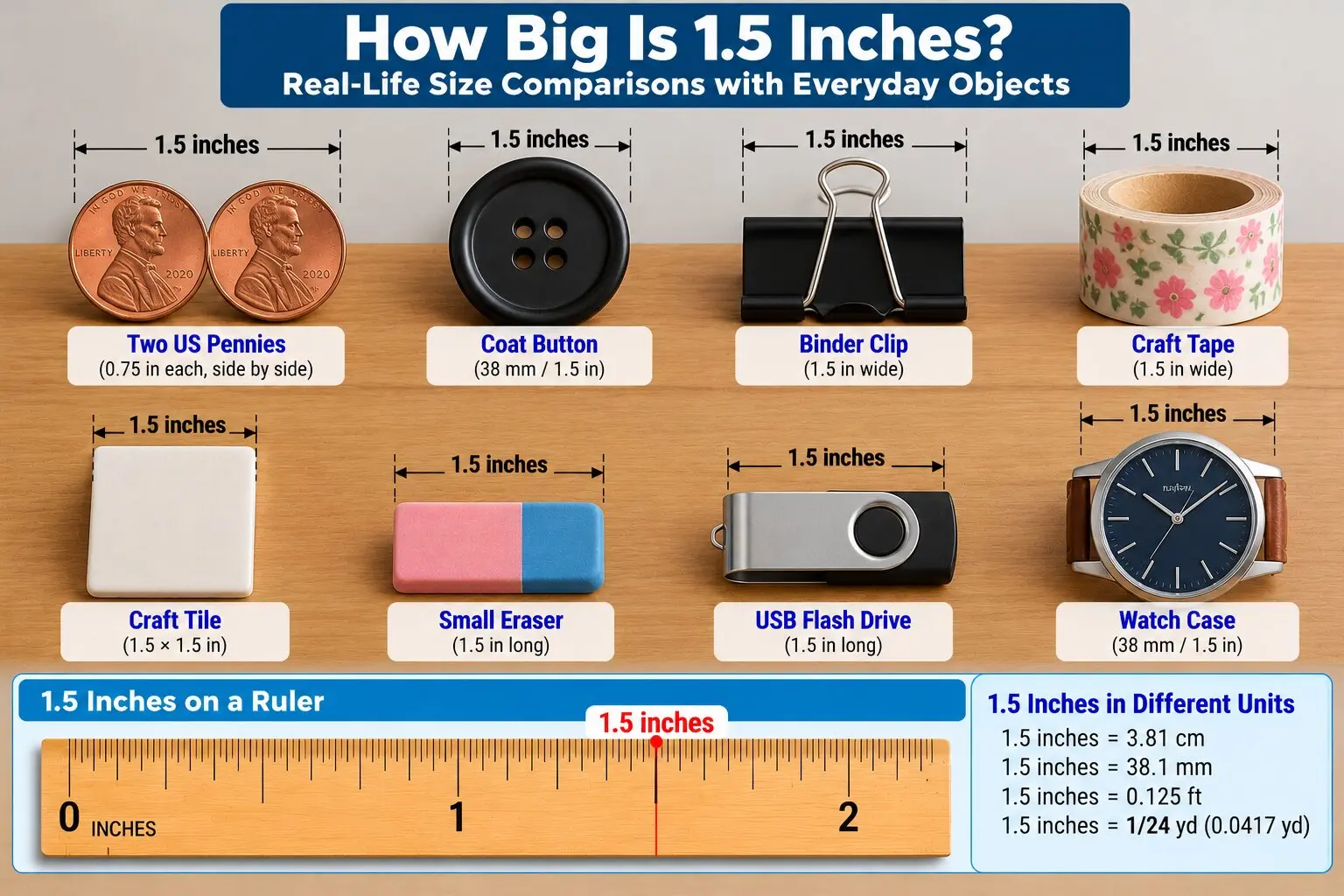Illustrated comparison of 1.5 inches showing two US pennies, a coat button, binder clip, craft tape, small eraser, USB flash drive, watch case, and ruler.