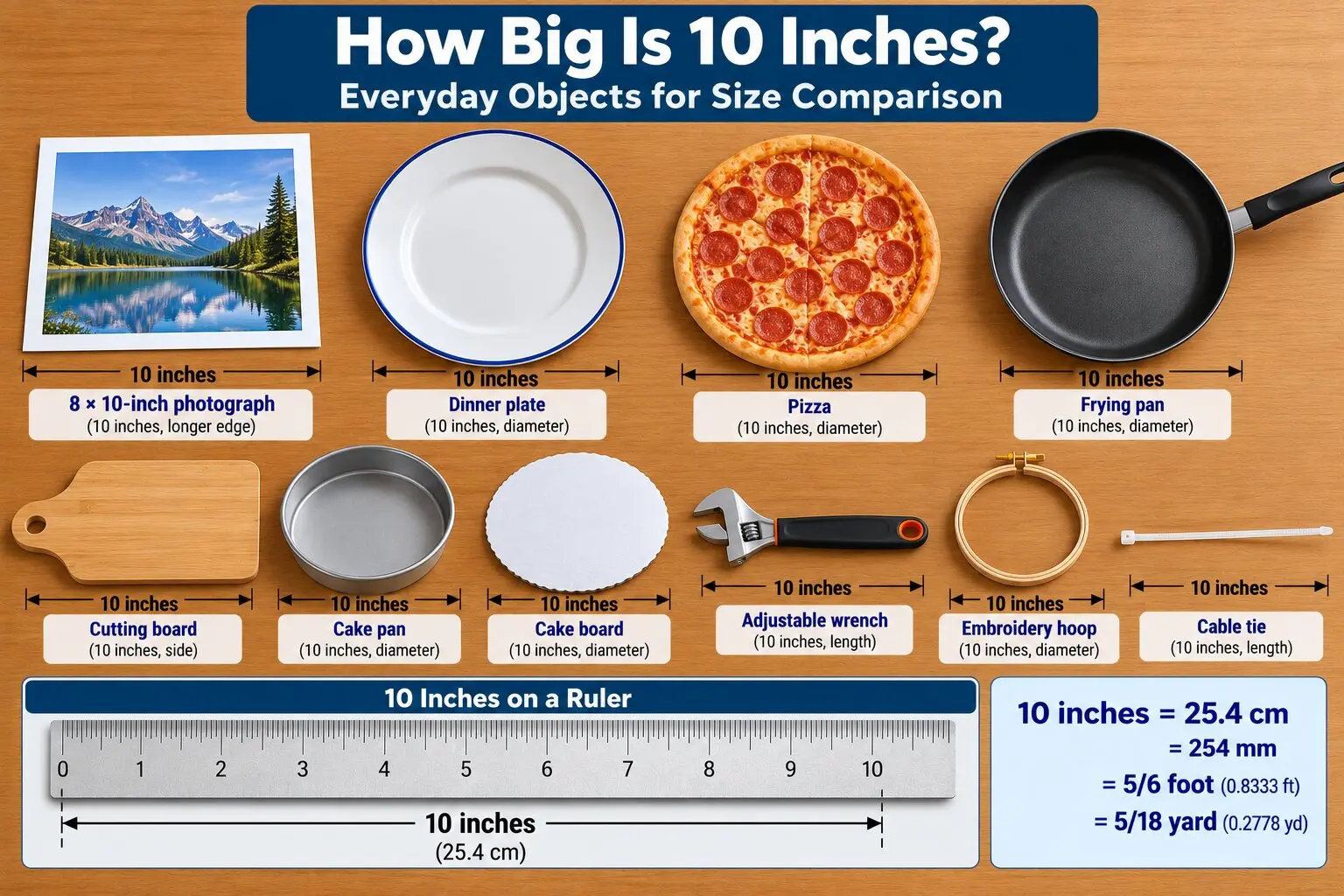 How big is 10 inches? Illustrated comparison of an 8×10-inch photograph, dinner plate, pizza, frying pan, cutting board, cake pan, and ruler.