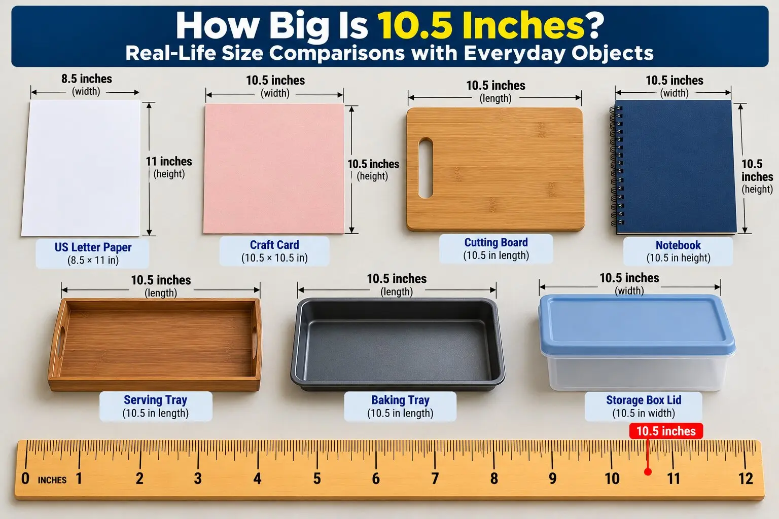 Illustrated comparison of 10.5 inches featuring US Letter paper, a craft card, cutting board, notebook, serving tray, baking tray, storage box lid, and measuring ruler.