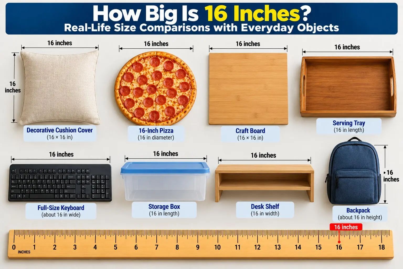 Illustrated comparison of 16 inches featuring a decorative cushion, pizza, craft board, serving tray, keyboard, storage box, desk shelf, backpack, and measuring ruler.