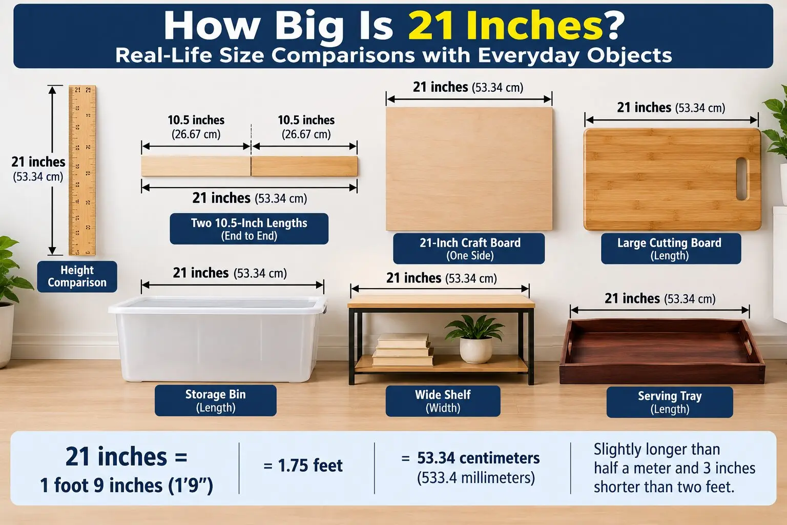 Illustration showing how big 21 inches is compared with two 10.5-inch lengths, a craft board, cutting board, storage bin, shelf, serving tray, and vertical ruler.