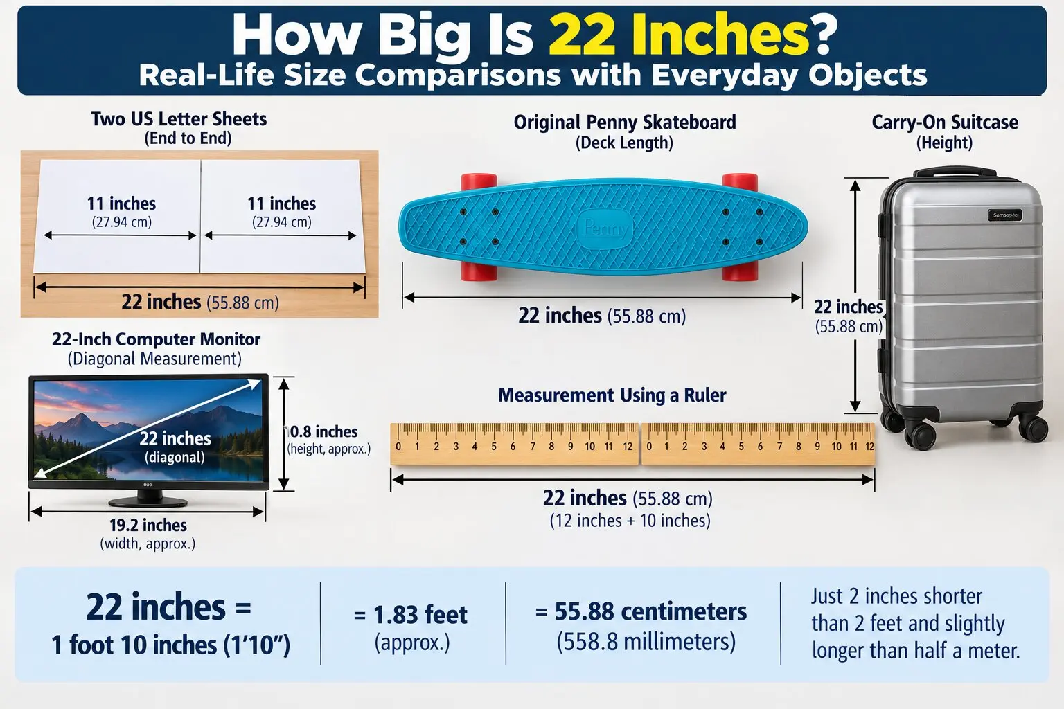 Illustrated 22-inch size comparison featuring two US Letter sheets, a Penny skateboard, a carry-on suitcase, a 22-inch monitor with diagonal measurement, and rulers.