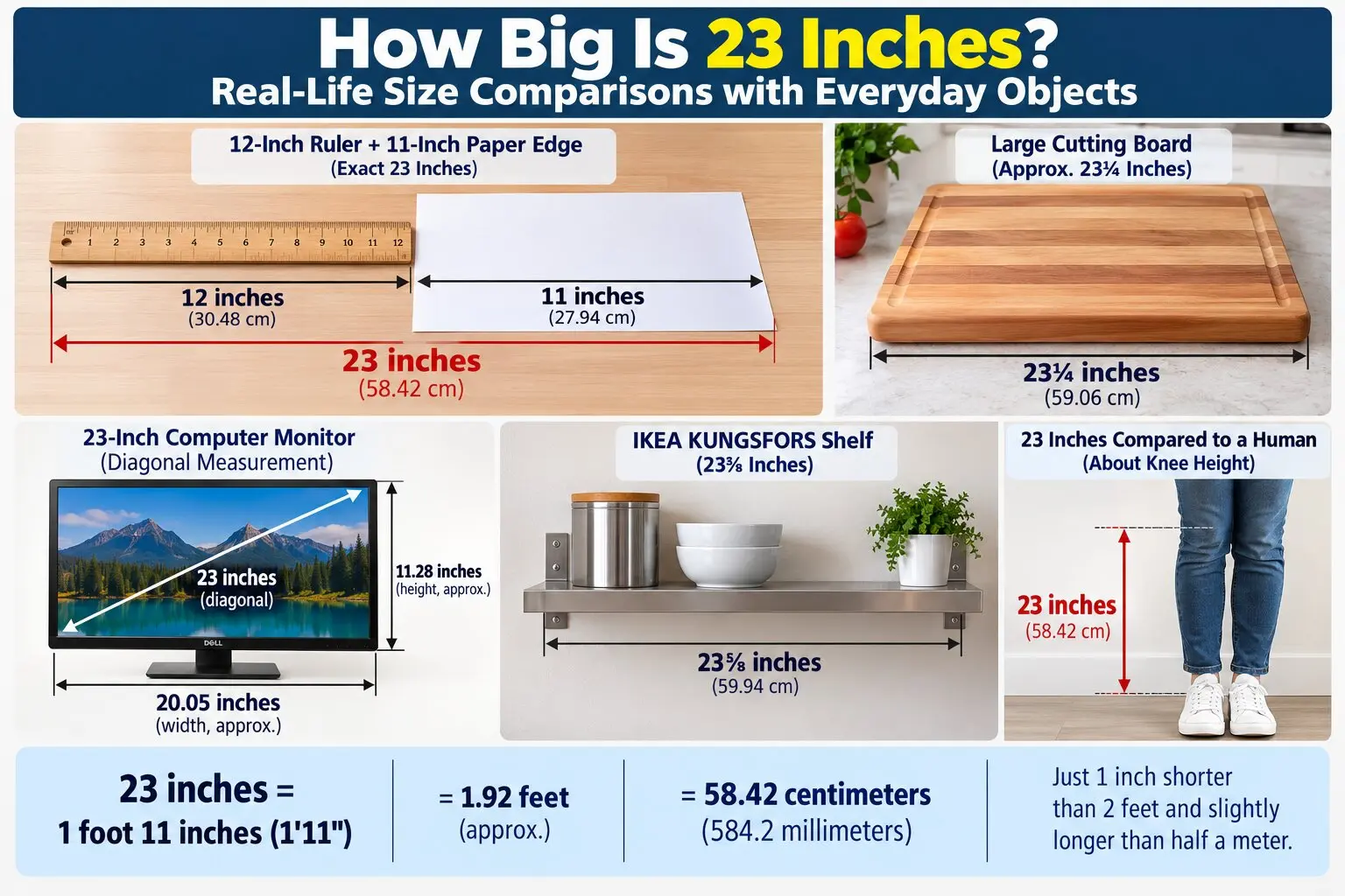 Infographic comparing 23 inches with a 12-inch ruler plus 11-inch paper edge, cutting board, computer monitor diagonal, wall shelf, and human knee height.