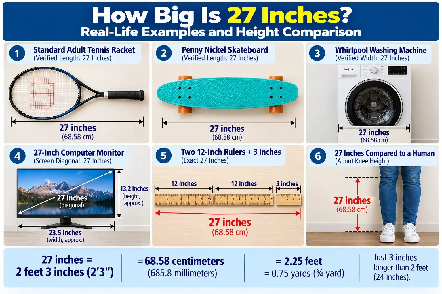 Infographic comparing 27 inches with an adult tennis racket, Penny Nickel skateboard, washing machine width, computer monitor diagonal, rulers, and human height.