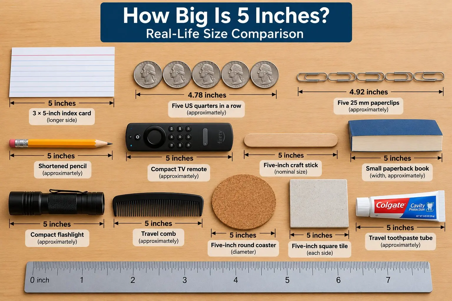 How big is 5 inches? Real-life size comparison showing a 3×5-inch index card, five US quarters, paperclips, pencil, remote, flashlight, and ruler