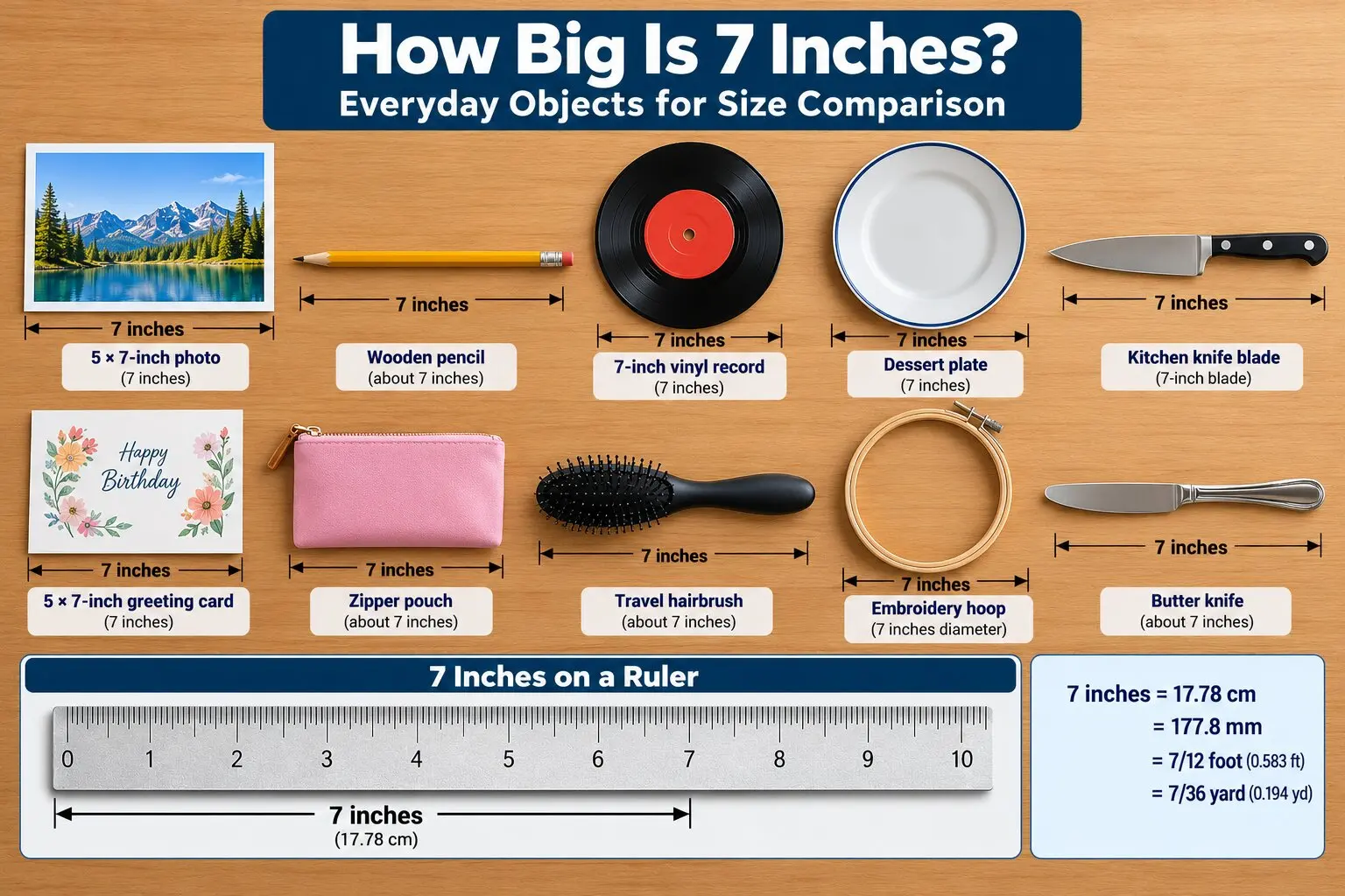 How big is 7 inches? Visual comparison showing a 5×7-inch photo, wooden pencil, vinyl record, dessert plate, kitchen knife, greeting card, and ruler.