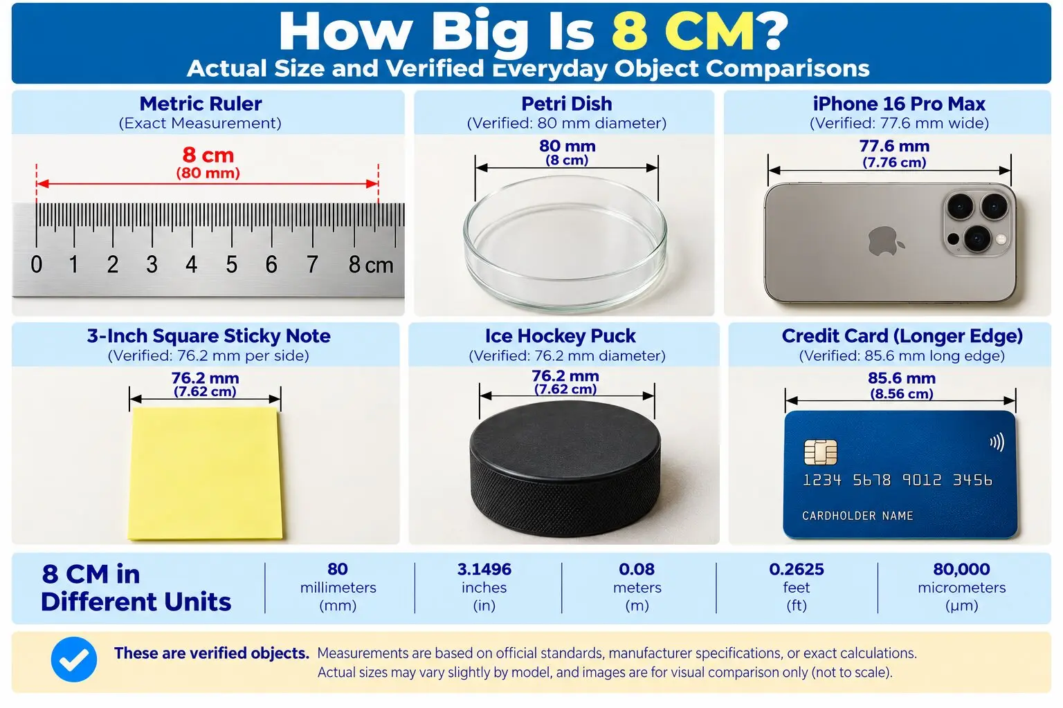 Infographic comparing 8 cm with a metric ruler, 80 mm Petri dish, iPhone 16 Pro Max, 3-inch sticky note, ice hockey puck, and credit card.