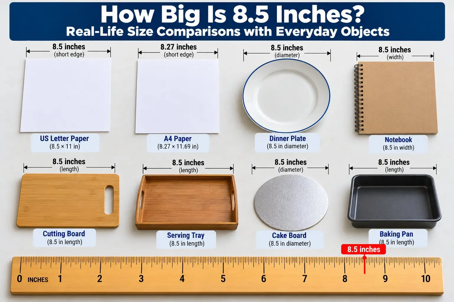 Illustrated 8.5-inch size comparison featuring US Letter paper, A4 paper, a dinner plate, notebook, cutting board, serving tray, cake board, baking pan, and ruler.