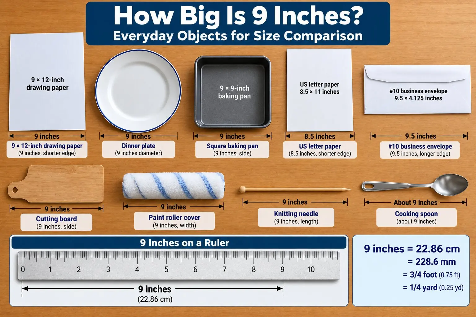 How big is 9 inches? Illustrated comparison showing drawing paper, a dinner plate, baking pan, cutting board, US letter paper, business envelope, and ruler.