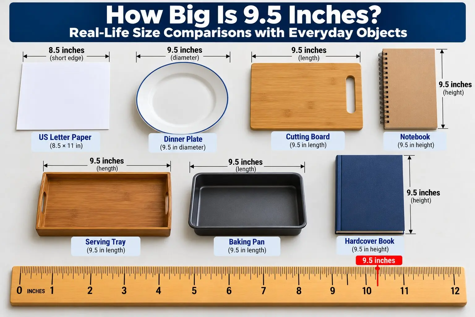 Illustrated comparison of 9.5 inches featuring a dinner plate, cutting board, notebook, serving tray, baking pan, hardcover book, US Letter paper, and measuring ruler.