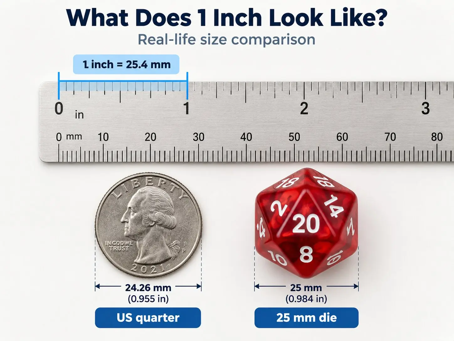 A ruler showing one inch alongside a US quarter and a 25 mm gaming die for size comparison