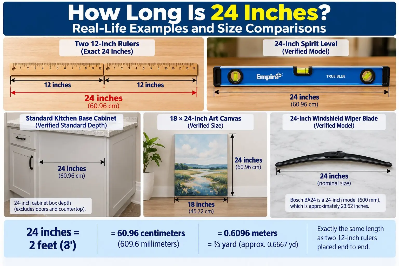 Infographic showing 24 inches compared with two 12-inch rulers, an Empire spirit level, kitchen cabinet depth, an 18 × 24-inch canvas, and a windshield wiper blade.