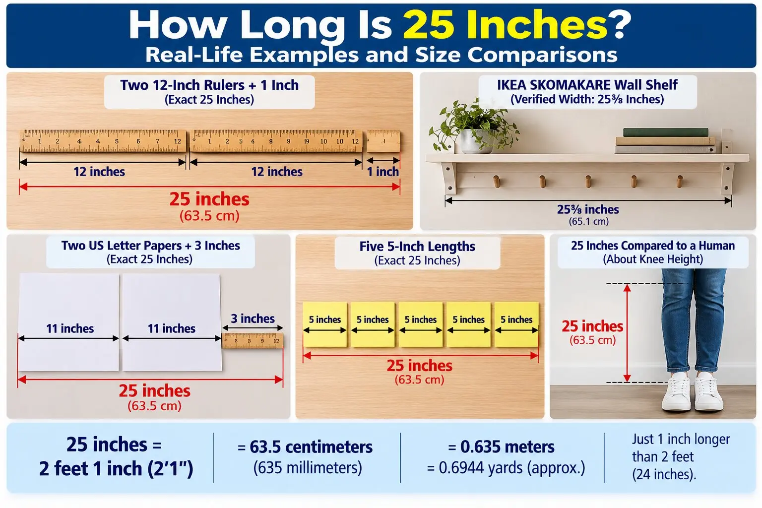 Infographic illustrating 25 inches using two 12-inch rulers plus one inch, an IKEA wall shelf, US Letter paper, five 5-inch lengths, and a human height comparison.