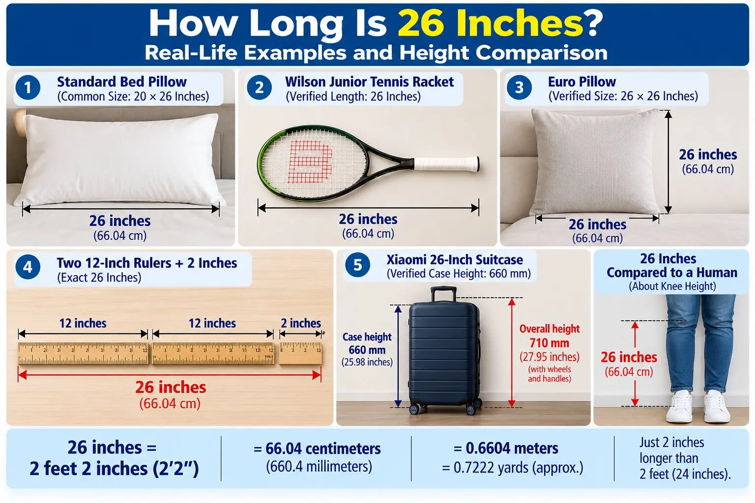 Infographic showing how long 26 inches is using a standard bed pillow, Wilson junior tennis racket, Euro pillow, two rulers plus 2 inches, Xiaomi suitcase, and human height comparison.