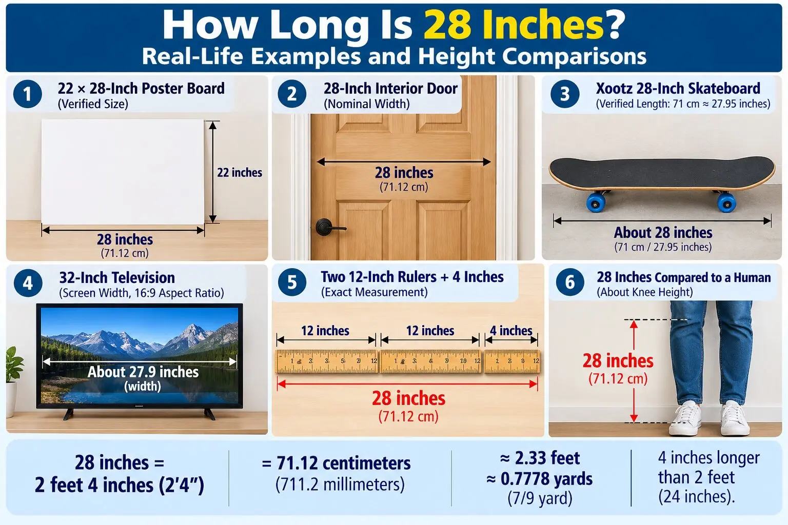 Infographic comparing 28 inches with a 22 × 28-inch poster board, interior door width, skateboard, 32-inch TV screen width, rulers, and human height.
