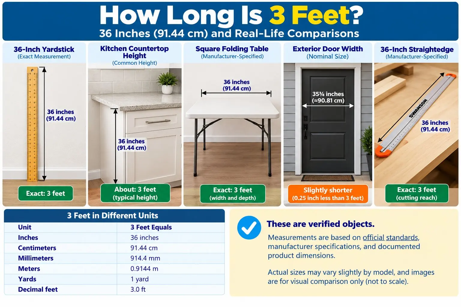 Infographic showing how long 3 feet is compared with a 36-inch yardstick, kitchen countertop height, square folding table, exterior door width, and carpenter's straightedge.