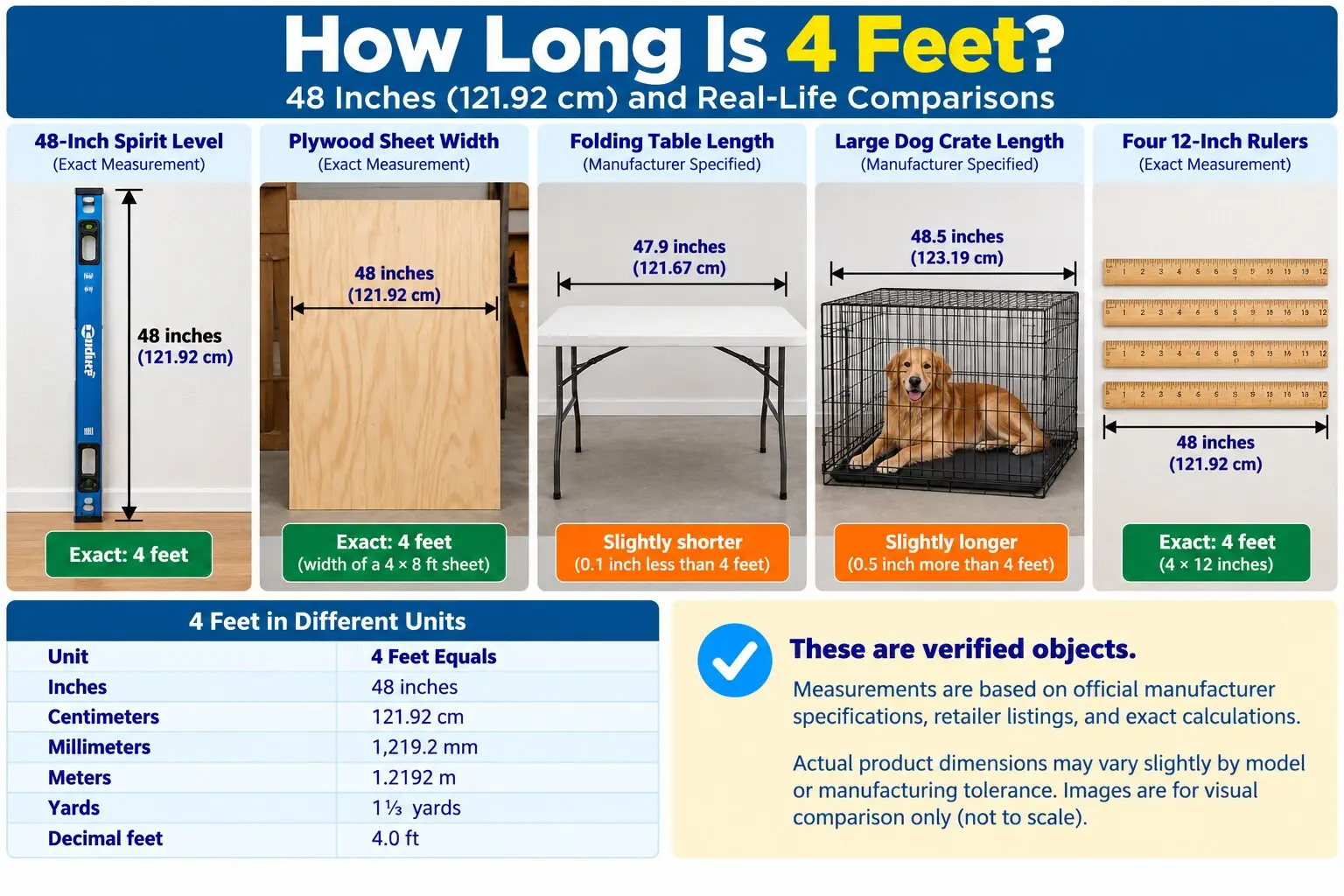 Infographic comparing 4 feet (48 inches) with a spirit level, 4 × 8-foot plywood sheet, folding table, large dog crate, and four 12-inch rulers.