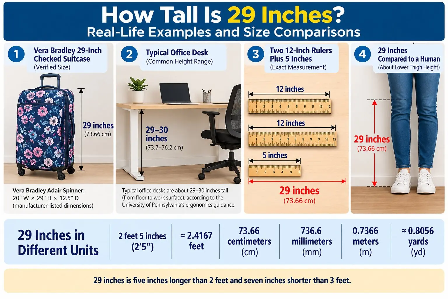 Infographic showing how tall 29 inches is compared with a Vera Bradley suitcase, office desk, two 12-inch rulers plus 5 inches, and a person's lower thigh.